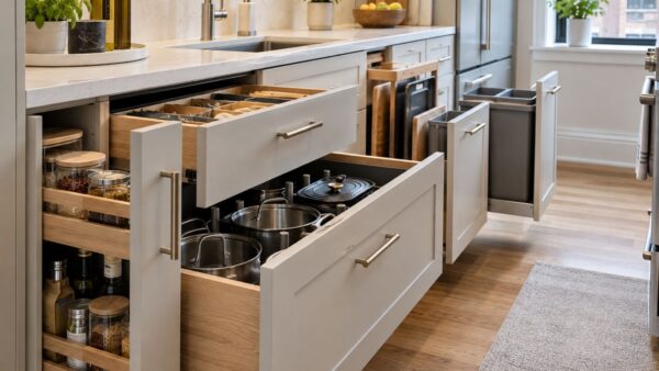 Galley kitchen cabinetry with deep drawers, pantry pull-outs and organized storage designed for a small NYC apartment.