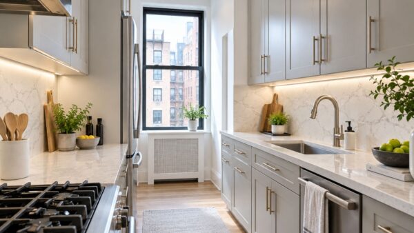 Bright NYC galley kitchen using natural, ceiling and under-cabinet lighting to keep the narrow space functional and visually calm.